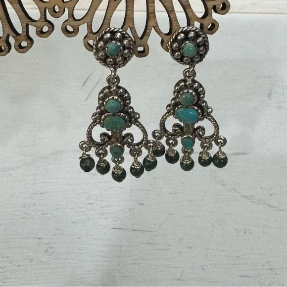 Vintage Elegant Sterling Silver and Turquoise Pirced Dangle Earrings - Picture 3 of 8